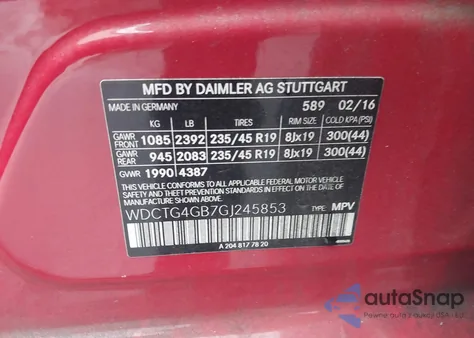 2016 Mercedes-Benz Gla 250 4Matic z USA, uszkodzony, nr VIN WDCTG4GB7GJ245853